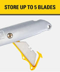 Close-up of 10-499 QuickChange Retractable Utility Knife's blade storage feature showing handle open with visible blade
