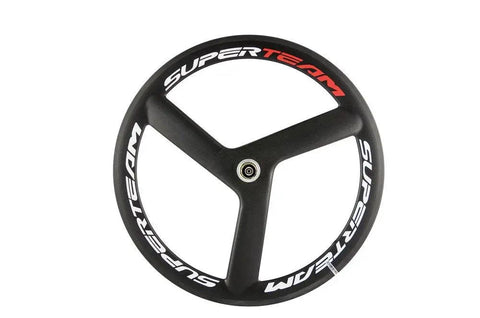 56Mm Carbon Road Bike Tri Spoke Wheelset For Zippy Road Rides 700C clincher rim, matte 3K finish, Shimano hub, front view