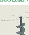 Diagram showing connector size details for Six Inch Diameter Post Hole Auger For Tractor Mounted Digger 48 Inch Long With Reinforced Collar.