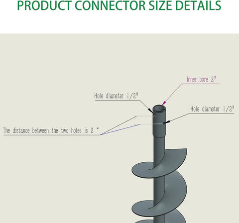 Diagram showing connector size details for Six Inch Diameter Post Hole Auger For Tractor Mounted Digger 48 Inch Long With Reinforced Collar.