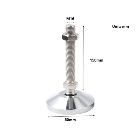 Heavy Duty Adjustable Leveling Feet Swivel M16 Leg Levelers Built Tough As Nails With Sturdy Carbon Steel showing dimensions of 150mm height and 60mm base.