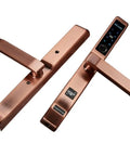 Heavy Duty Automatic Smart Door Lock With Fingerprint Keyless Entry Waterproof Outdoor Biometric Keypad Deadbolt close-up view in copper color.
