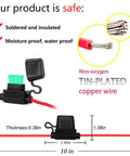 Tough Waterproof Inline Fuse Holder Kit With 14 Gauge 10 Inch Wires Fits ATO ATC Standard Blade Fuses, IP66 cap, product dimensions shown.