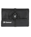 Climbing Quickdraw Hanging Storage Bag With Carabiner Hook Organizer in black, lightweight 420D waterproof nylon, folded view.