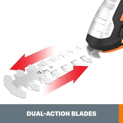 2 In 1 Cordless Hedge Trimmer With 4 Inch Grass Shear And 8 Inch Shrub Trimmer Two Blades Battery And Charger Included showing dual-action blades