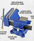 Home Workshop Vise With Four And A Half Inch Jaw Width And Three Inch Opening Swivel Base For Secure Grip Heavy Duty 30,000 PSI Gray Iron Construction Ideal For DIY Projects In The Shop Blue Finish