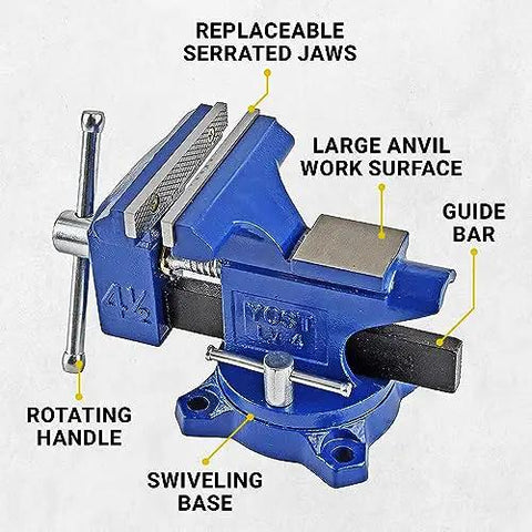 Home Workshop Vise With Four And A Half Inch Jaw Width And Three Inch Opening Swivel Base For Secure Grip Heavy Duty 30,000 PSI Gray Iron Construction Ideal For DIY Projects In The Shop Blue Finish