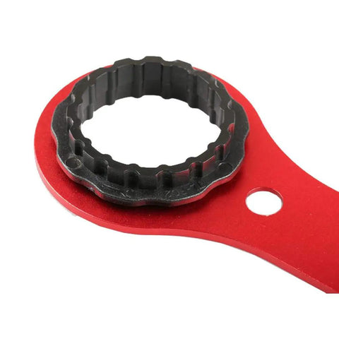 Close-up of Pro Grade Multifunctional Bicycle Bottom Bracket Tool And Wrench CNC Machined Aluminum 16 Notch 44mm Cup
