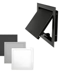 Kickass Heavy Duty Aluminum Access Panel 5x12 Flush Mount Wall And Ceiling Inspector Hatch showing black finish and various cover colors.