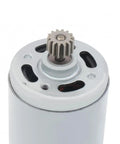 RS550 18V DC Geared Micro Motor Featuring 14 Tooth Spur Gear With Nine Point Five Millimeter Shaft close-up view of the gear.