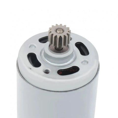 RS550 18V DC Geared Micro Motor Featuring 14 Tooth Spur Gear With Nine Point Five Millimeter Shaft close-up view of the gear.