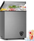 Compact 3.5 Cubic Feet Chest Freezer With Seven Adjustable Temperature Controls showcasing fresh food and drinks inside.