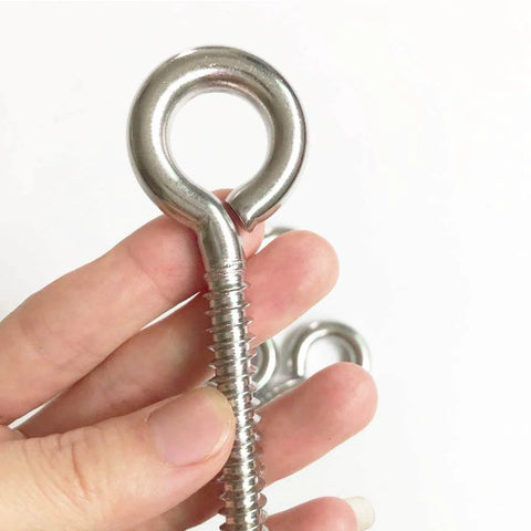Close-up of stainless steel M8 eye screw from 4 Pack M8 Heavy Duty Swing Hooks Eye Screws 1200Lb Capacity Hammock Hanging Kit