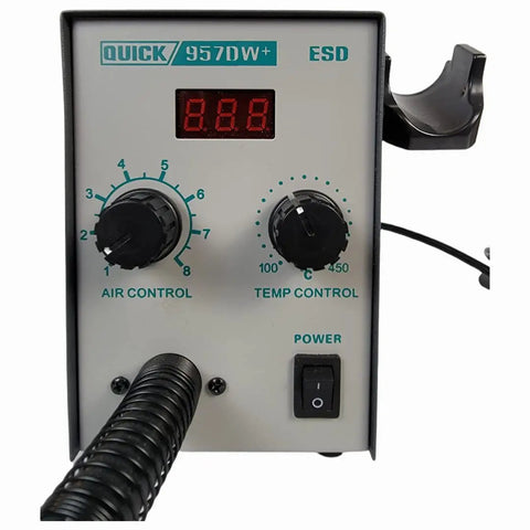 957DW Plus Hot Air Rework Station 580W with LED display, precise airflow and temperature control knobs, front panel view