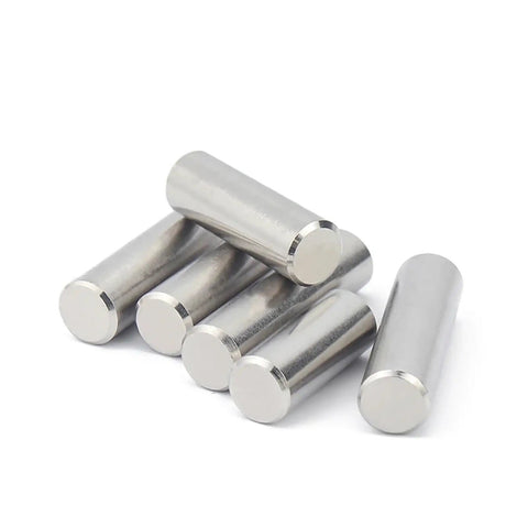 Heavy Duty 304 Stainless Steel Locating Dowel Pins With Round Heads And Chamfered Ends For Precise Machining And Assembly Work That Lasts A Long Time Without Rust, showing six smooth pins.