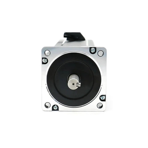 Thinking Process: 86mm Nema 34 stepper motor front view with metal flange and shaft, used for automation