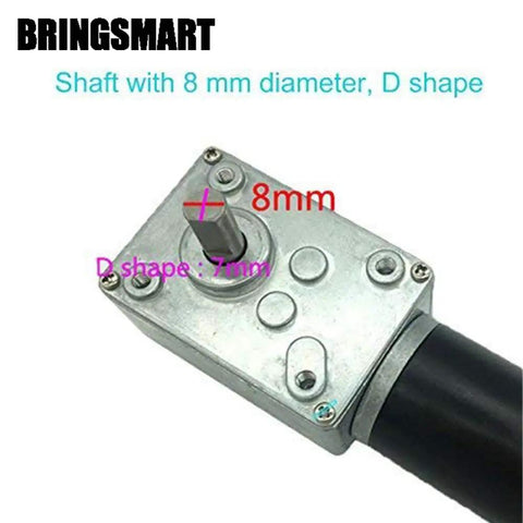 Close-up of a 12V DC Worm Gear Motor with 8mm D-shape shaft, showing casing and shaft details, suitable for DIY projects.