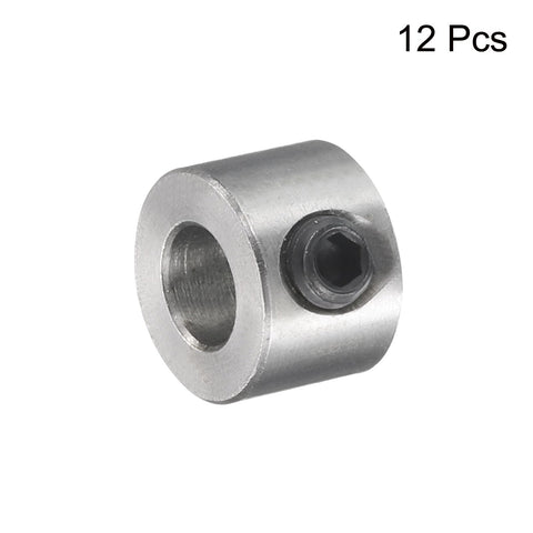 Close-up of 12 Pack 5mm Bore Stainless Steel Shaft Collars With Set Screws 10mm Outside Diameter 7mm Wide Landing Gear Stopper Wheel Collar.