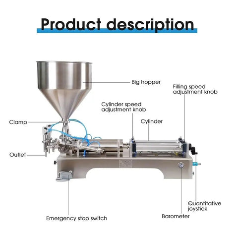 Straight Up Solid Horizontal Pneumatic Filling Machine with a big hopper, emergency stop switch, and adjustable knobs.