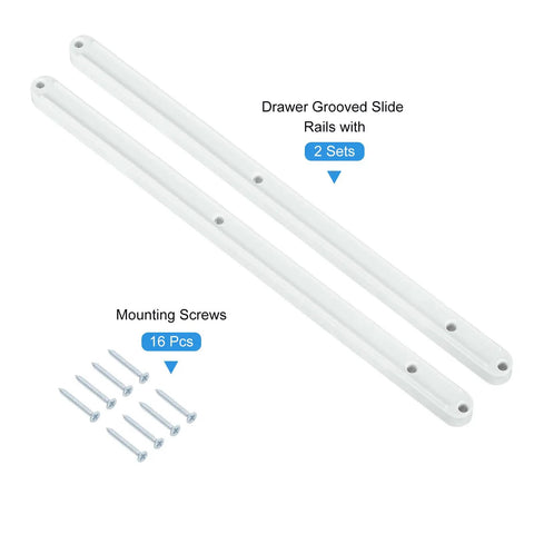 Two Pack Plastic Drawer Slides Side Mounted Grooved Guide Rails With Screws with 16 mounting screws for easy installation.