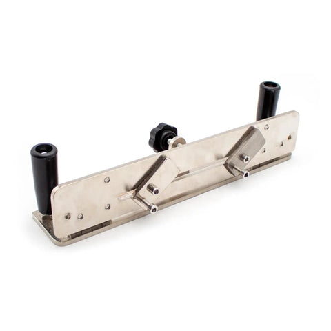 Rock Solid Angle Adjustable Sharpening Jig For Handheld Insert Grinder And Belt Sander. Metal frame with dual grips.