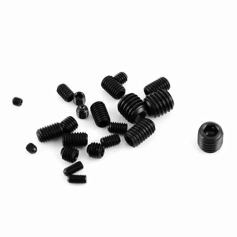 Pro Grade Heavy Duty Socket Screw Kit With 240 Piece Alloy Steel Grub And Wood Screw Set shown scattered, black alloy M3-M8 screws