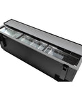 Heavy Duty Commercial Bottle Cooler, 95 Inch black freestanding drink dispenser with 3 glass doors and shelves.