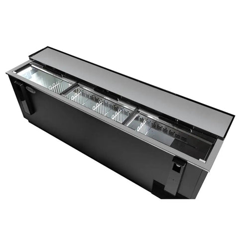 Heavy Duty Commercial Bottle Cooler, 95 Inch black freestanding drink dispenser with 3 glass doors and shelves.