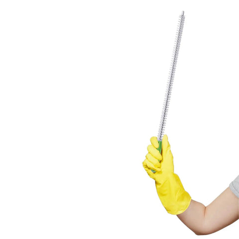 Hand holding a long brush from 3 Piece Drain Cleaning Brush Set With Flexible Drain Brush And Crevice Brush For Kitchen Sink Bathroom Toilet And Vent Scrubber Easy Hair Clog Busting Grime Removal In Tight Corners With Durable Long Handle Design