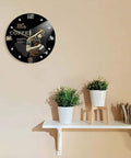 Barista Coffee Wall Clock 12 Inch Acrylic Print Battery Operated Silent Quartz Timepiece For Cafe Shop Decor Gift For Coffee Lovers Non Ticking Design on wall with plants on shelf