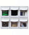 Plastic Tilt Out Bin Organizer For Arts And Crafts And Sewing Supplies Stash, Coffee Pod And Tea Bag Storage, Dental Tip Out Cabinets, White, Removable Clear Bins, High Impact ABS Plastic FO 306 WT front view