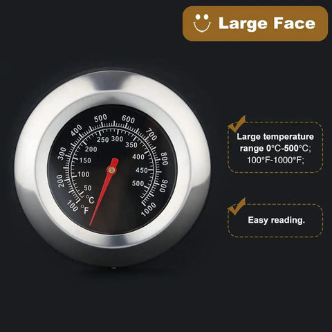 Three Inch Face 1000F BBQ Thermometer Temperature Gauge with stainless steel dial for charcoal grill and smoker, easy to read