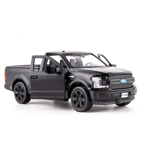 Licensed F150 One Thirty Six Scale Zinc Alloy Die Cast Pickup Truck Toy with open doors, black color, realistic details.