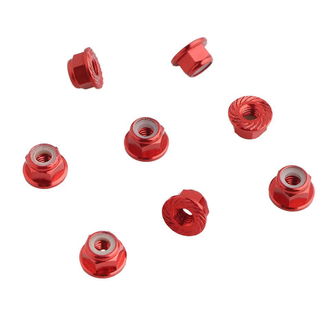 Tune Up Your Ride With These 8 Fresh Red M4 Flange Lock Nuts Built For 1 10 Scale Rc Cars Featuring Serrated Nylon Inserts And Lightweight Aluminum Wheels Upgraded Replacement Hardware. A close-up view of red M4 aluminum flange lock nuts with serrated nylon inserts.