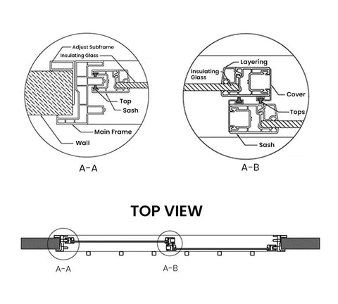 Hella Durable 44X44 Inch Dual Pane Sliding Window With Reinforced Security Bars And Weather Sealed PVC Frame For Shipping Containers Garages Tree Houses And Outdoor Storage Spaces technical schematic showing details and top view.