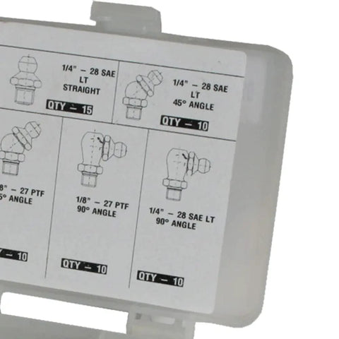 80 Piece SAE Grease Fitting Kit With Labeled Compartments For Easy Identification, Includes Replacements For Damaged Or Broken Fittings, Durable Plastic Case, Must Have Auto Accessory For Mechanics And Shop Pros - labeled section of fitting case.