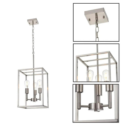 Three Light Brushed Nickel Chandelier Pendant Lighting With Industrial Metal Cage Modern Ceiling Fixture shown from different angles