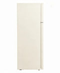 Retro Apartment Refrigerator With Top Freezer And Ten Cubic Feet Of Solid Chill Storage Featuring Heavy Duty Spill Proof Shelves And Classic Chrome Trimmings For Your Straight Fire Home Setup in vanilla color, front view.