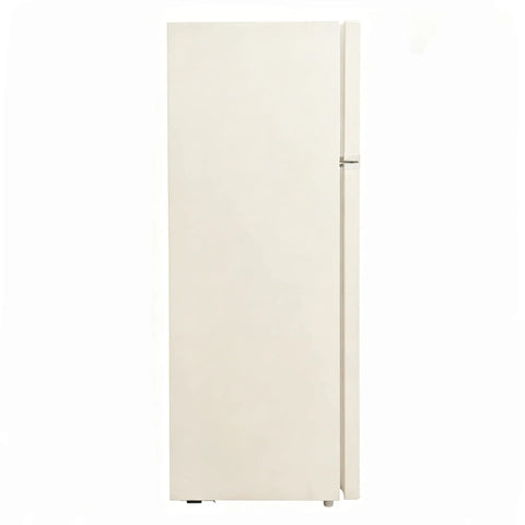 Retro Apartment Refrigerator With Top Freezer And Ten Cubic Feet Of Solid Chill Storage Featuring Heavy Duty Spill Proof Shelves And Classic Chrome Trimmings For Your Straight Fire Home Setup in vanilla color, front view.