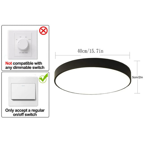 Round Flush Mount LED Ceiling Light 27W 15.7-Inch Black Modern Fixture with anti glare acrylic cover, not for dimmable switch.