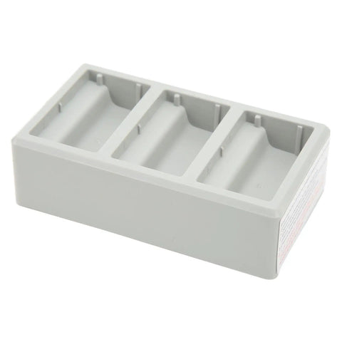 Three Port Drone Battery Charger Hub With Smart Fast Charging, Pro Grade Power Center, gray plastic cover, top view