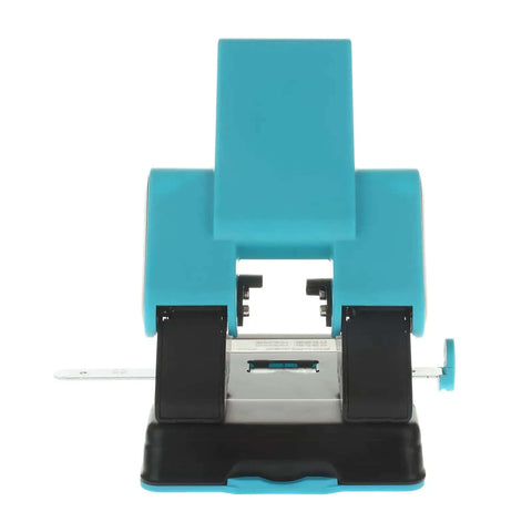 Front view of 2 hole paper punch with adjustable 70mm or 80mm spacing and 6mm hole, punches 70 sheets.