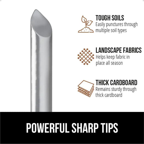 Close-up of ultra sharp tip of Beefy 6 Inch Landscape Staples 50 Pack 11 Gauge Galvanized Steel Stakes for easy install lawn anchors.