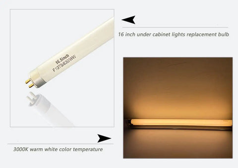 Four Pack 16.5 Inch F10T5/830 Fluorescent Bulb Replacement For Jasco 10W 3000K Warm White Under Cabinet And Counter Lights, showing illuminated bulb.