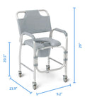 Rock Solid Aluminum Shower Chair Commode With Plush Padded Seat And Smooth Roll Locking Casters, dimensions 20.5x23.9x29 inches.