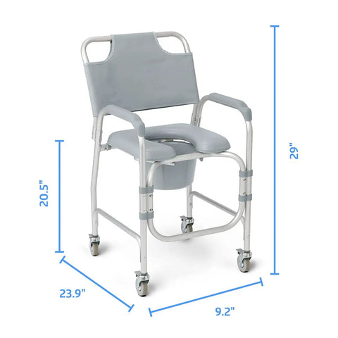 Rock Solid Aluminum Shower Chair Commode With Plush Padded Seat And Smooth Roll Locking Casters, dimensions 20.5x23.9x29 inches.