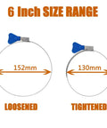 2 Pack 6 Inch Stainless Steel Worm Gear Hose Clamps Adjustable 130 to 152mm showing size range for dryer vent use