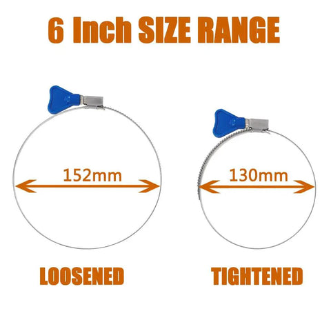 2 Pack 6 Inch Stainless Steel Worm Gear Hose Clamps Adjustable 130 to 152mm showing size range for dryer vent use