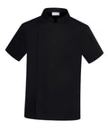Top Shelf Two Pack Short Sleeve Chef Coat With Handy Arm Pocket Kitchen Tough Uniform Designed For Line Cooks Bakers And Catering Crews Crushing It During The Daily Grind in black color with short sleeves and arm pocket.