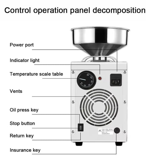 Control operation panel of automatic electric oil press machine showcasing power port, controls, and vents.